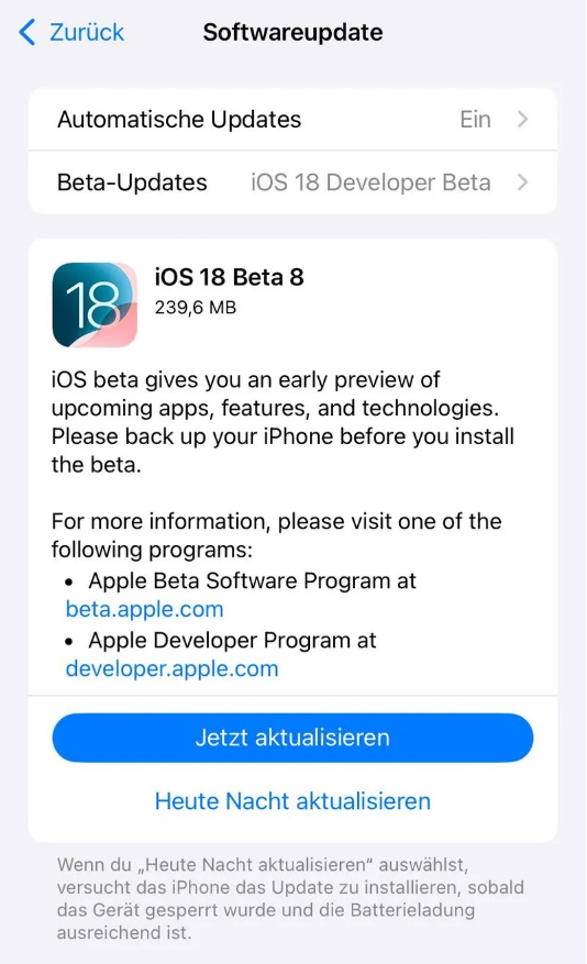 塔城苹果手机维修分享苹果 iOS / iPadOS 18 开发者预览版 Beta 8 发布 